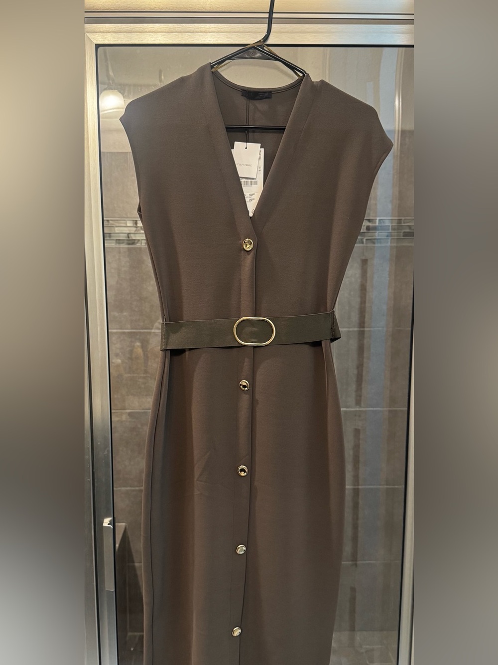 Zara Olive Brown Sleeveless V-Neck Midi Dress with Belt